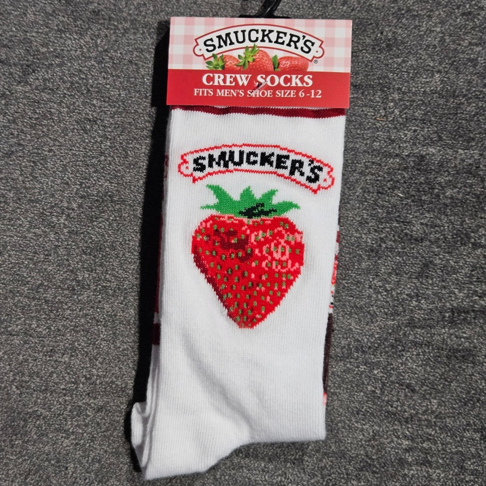 Smuckers Strawberry Jam Men White Red Graphic Crew‎ Socks Size 6-12